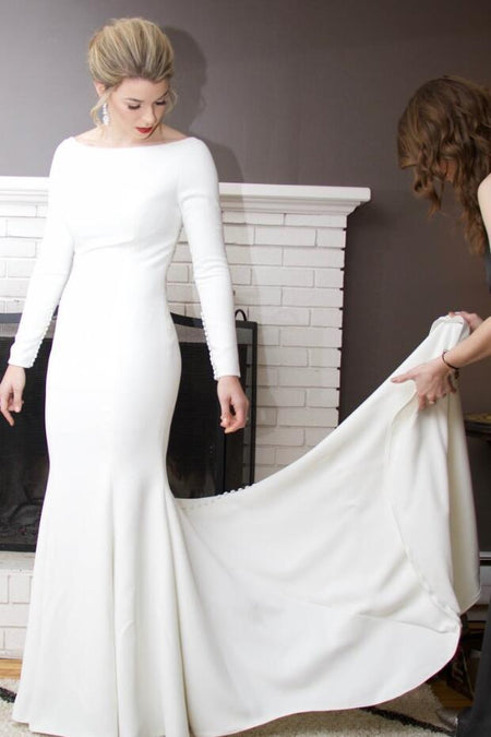 Sheer Long Sleeves Lace Wedding Gown Satin Skirt