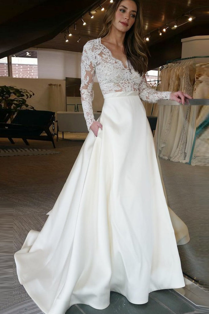 Modern Illusion Lace Long Sleeves Wedding Dresses with Satin Skirt