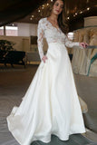 modern-illusion-lace-long-sleeves-wedding-dresses-with-satin-skirt