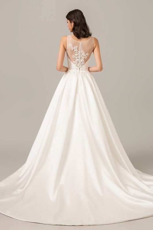 Modern Satin Ball Gown Wedding Dress with Illusion Beaded Back