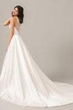 Modern Satin Ball Gown Wedding Dress with Illusion Beaded Back