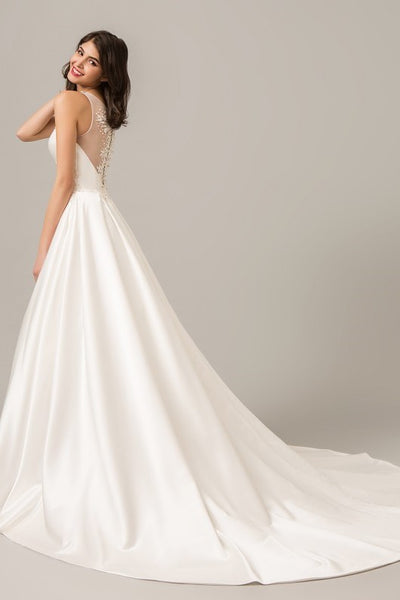 Modern Satin Ball Gown Wedding Dress with Illusion Beaded Back