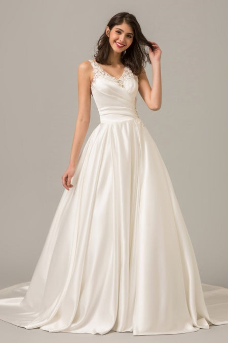 Deep V Neck Wedding Dresses Satin Ball Gown