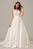 Modern Satin Ball Gown Wedding Dress with Illusion Beaded Back