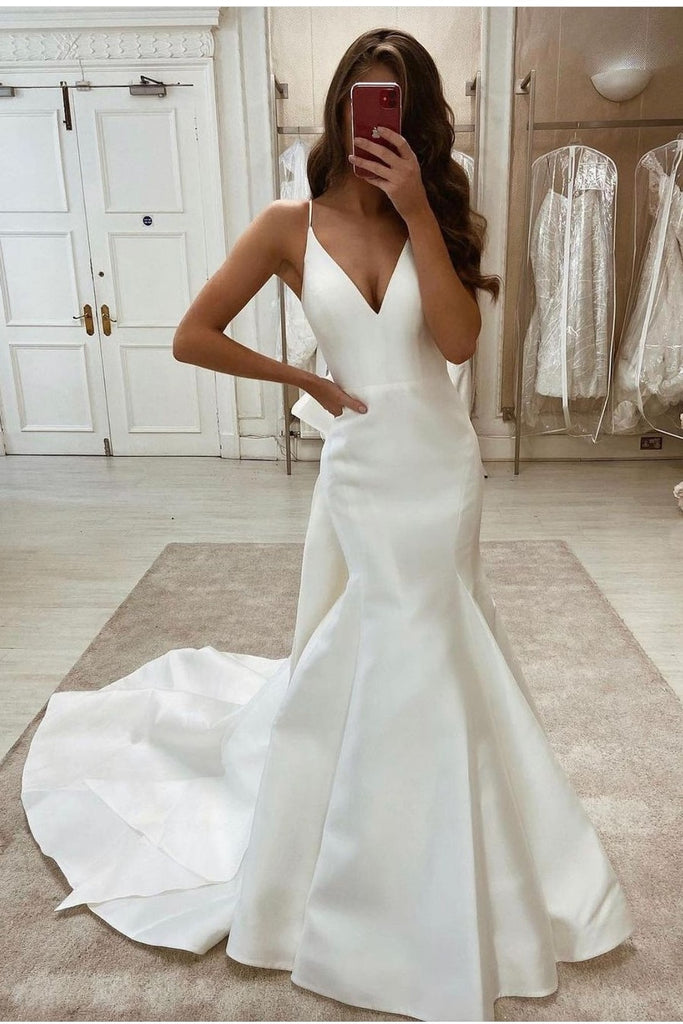 A Line Halter Satin Wedding Dress, Simple Backless Sleeveless Bridal Dress  with Bow N1570 – Simibridaldresses