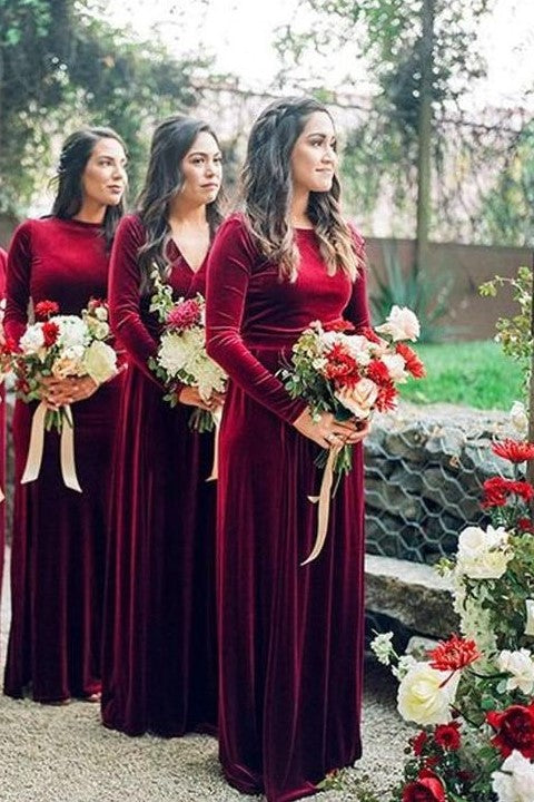 modest-burgundy-bridesmaid-dresses-with-long-sleeves