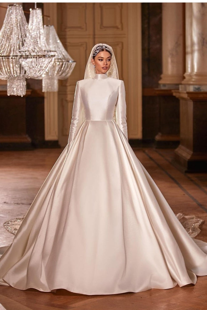 Modest Dubai Long-sleeves Wedding Gown High Neck 2022 loveangeldress Modest Dubai Long-sleeves Wedding Gown High Neck 2022 loveangeldress