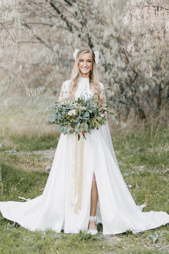 Modest High Collar Wedding Dresses with Sheer Lace Sleeves