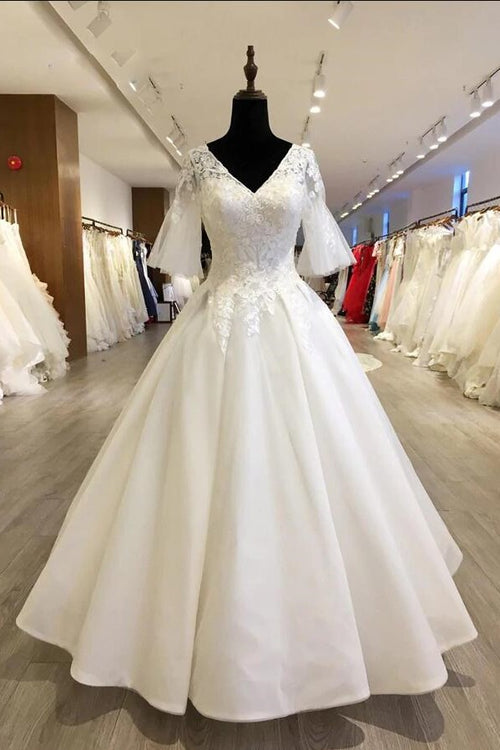 modest-v-neck-bride-wedding-gown-with-trumpet-sleeves