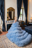 Multi-layers Tulle Blue Wedding Dress with Beaded Bodice