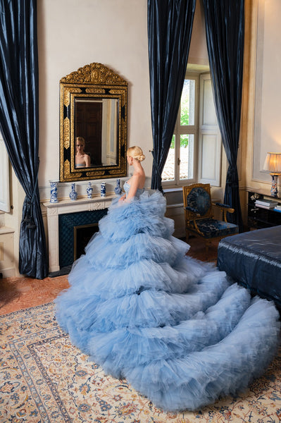 Multi-layers Tulle Blue Wedding Dress with Beaded Bodice