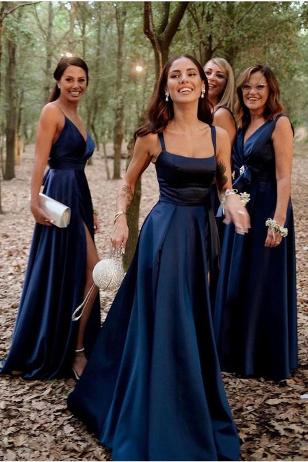 Floor-Length Blue Prom Dresses with Wide Straps