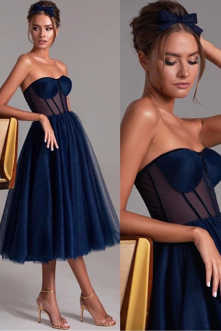 Blue Satin Tea-Length Prom Gown with Off-the-shoulder