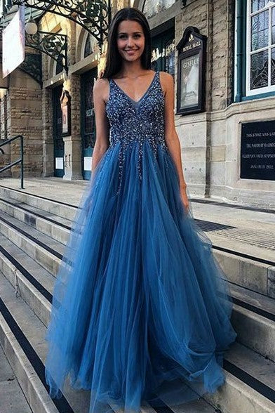 Deep V-neckline Beaded Long Prom Gowns with Tulle Skirt