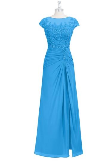 Appliqued Beaded Royalblue Mother of-the Bride Dress Cap Sleeves