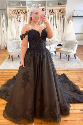 black wedding dress off shoulder Black Wedding Dress Off Shoulder Satin Ball Gown Lace Appliques