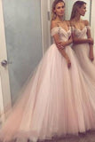 off-the-shoulder-blush-wedding-dress-tulle-ball-gown