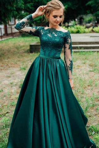 Off-the-shoulder Lace Long Sleeves Evening Dress Green Satin Skirt –  loveangeldress