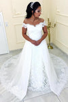 off-the-shoulder-lace-sheath-wedding-gown-with-tulle-train
