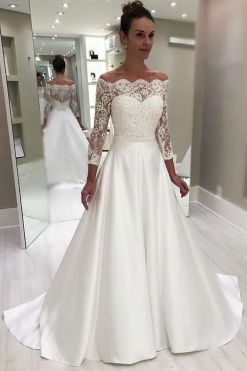 off-the-shoulder-lace-sleeve-wedding-gown-with-satin-skirt