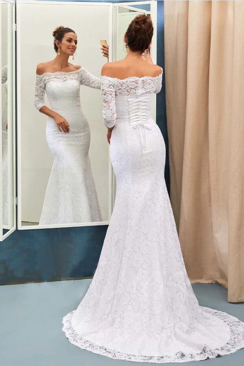 off-the-shoulder-lace-white-wedding-dress-with-sleeves