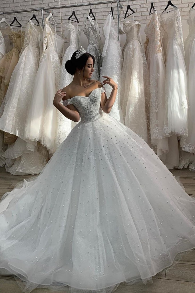 Full Beading And Pearls Ball Gown Wedding Dress Off The Shoulder Short  Sleeves - AliExpress