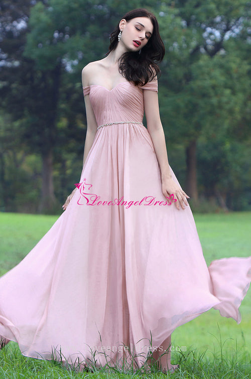 off-the-shoulder-pink-chiffon-long-prom-dresses-with-rhinestones-sash