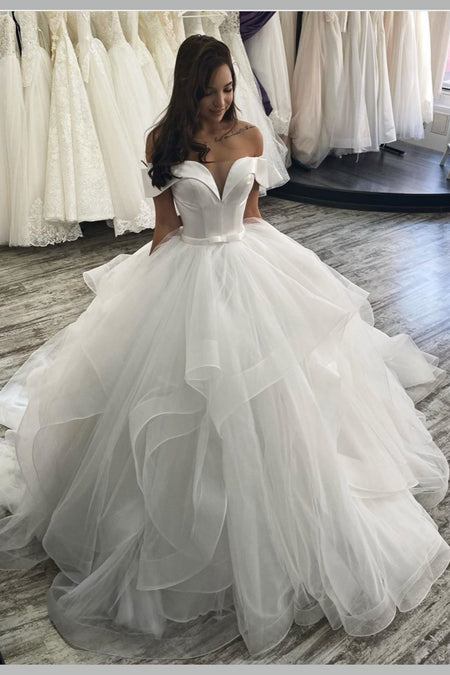 Deep V Neck Wedding Dresses Satin Ball Gown