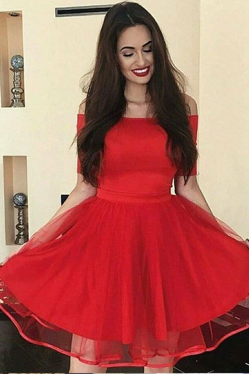 Off-the-shoulder Red Graduation Dresses with Ribbon Tulle Skirt loveangeldress Off-the-shoulder Red Graduation Dresses with Ribbon Tulle Skirt loveangeldress
