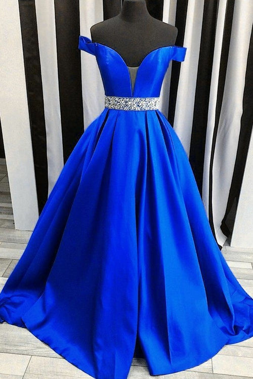 off-the-shoulder-royal-blue-evening-dress-with-rhinestones-belt