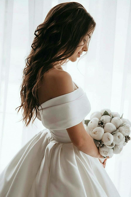 White Satin Modest Wedding Dresses with Long Sleeves