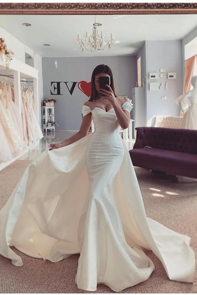 Off-the-shoulder Satin Bridal Gown with Detachable Train loveangeldress Off-the-shoulder Satin Bridal Gown with Detachable Train loveangeldress