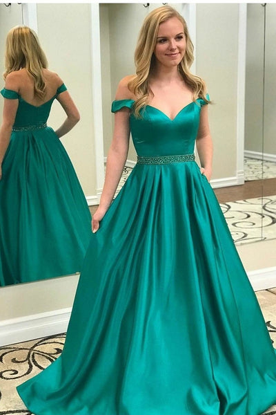 off-the-shoulder-teal-green-prom-dresses-with-beaded-belt