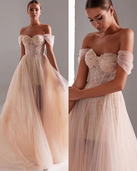 Off-the-shoulder Tulle Blush Prom Gown with Sequin Beads Skirt