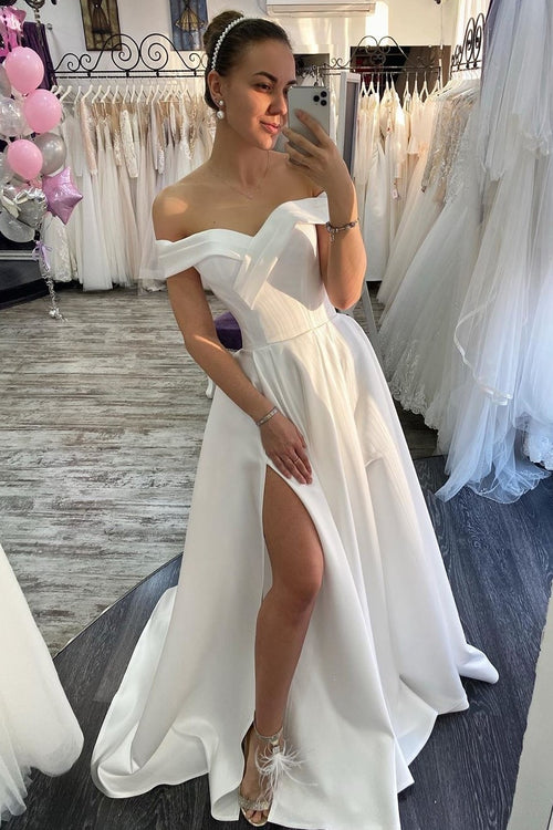 off-the-shoulder-white-casual-wedding-dress-with-side-slit