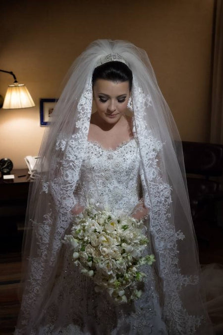 Two Tiers Finger Veils with Beaded Lace Hairband