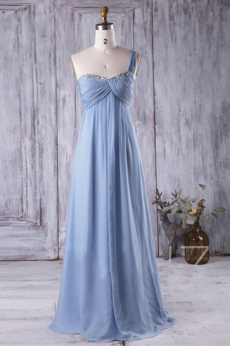 Beaded One-shoulder Blue Bridesmaid Gowns with Ruched Bodice