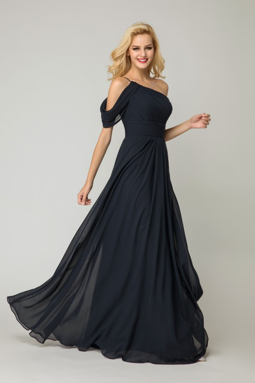 one-shoulder-dark-navy-bridesmaid-dress-chiffon-skirt