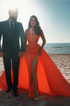 Orange Long Prom Dresses with Rhinestones High Neck