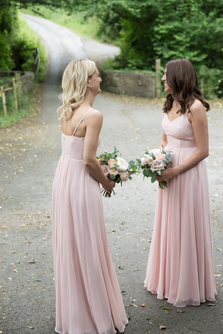 Sexy V-neckline A-line Champagne Bridesmaid Gown with Side Slit