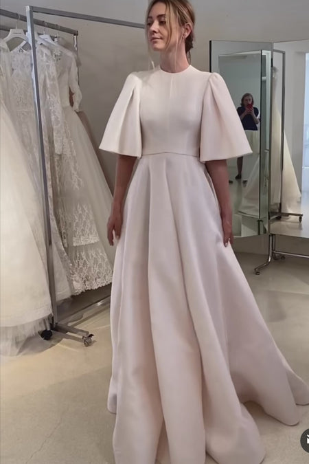 Lace Short Sleeves Hi-lo Wedding Dress Satin Skirt