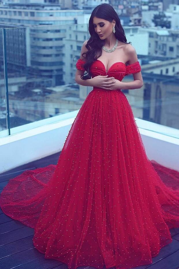 New Arrival Red Prom Dresses Off-the-Shoulder Lace Appliques Long Slee –  Dbrbridal