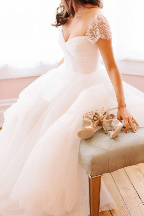 short sleeve tulle wedding dress Lace tulle short sleeve rhinestone princess ball gown lace A-Line wedd Bela Bridal