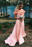 pink-flowers-off-the-shoulder-prom-dresses-with-satin-skirt