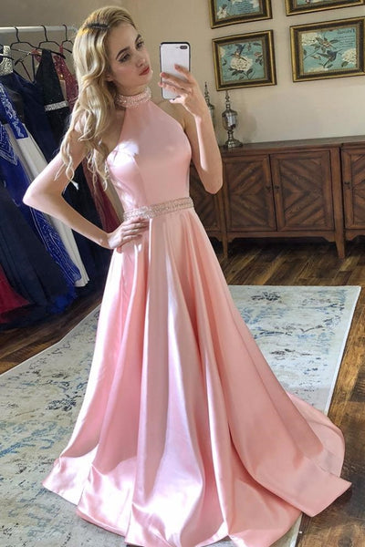 pink-satin-prom-party-dresses-with-beaded-halter-neckline