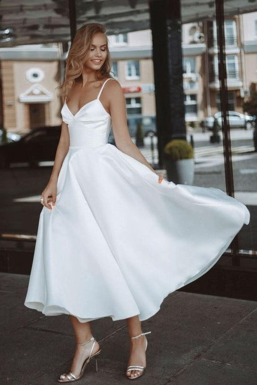 Plain Satin Midi-length Bride Dresses with Pockets
