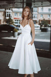 Plain Satin Midi-length Bride Dresses with Pockets