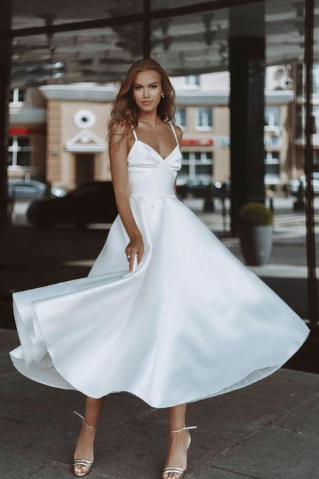 Lace V-neckline White Wedding Dresses Ankle Length