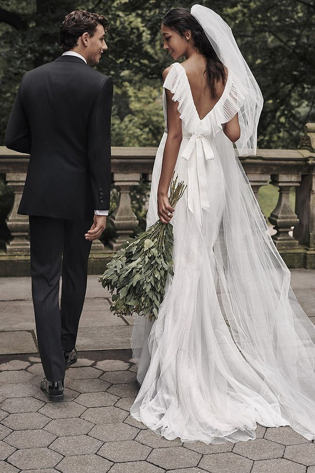 pleat-v-neckline-white-boho-wedding-dress-lace-tulle-skirt-1