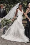 pleat-v-neckline-white-boho-wedding-dress-lace-tulle-skirt